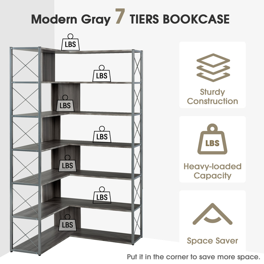 Leoglint Silver+Grey 7-Tier Bookcase Home Office Bookshelf,  L-Shaped Corner Bookcase with Metal Frame, Industrial Style Shelf with Open Storage, MDF Board