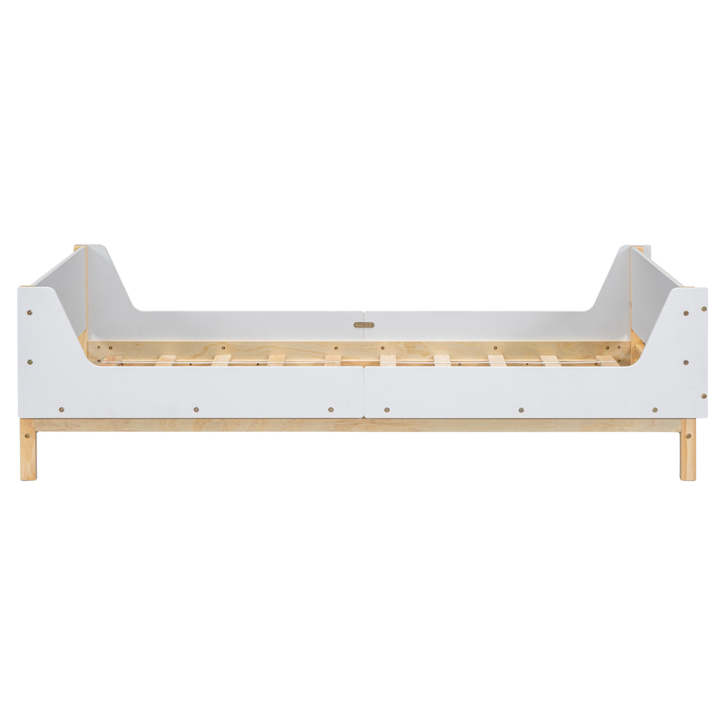 Twin Bed Frame with Headboard, Footboard, Safeguards,  Built-in Bed-end Book Storage Rack ,White