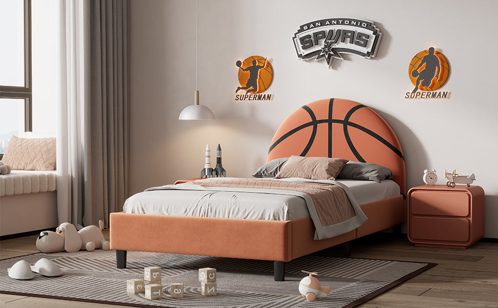 Leoglint Bed Frame Basketball Design Upholstered Twin Platform Bed Sport Style Bed for Boys & Girls, Teens, Orange