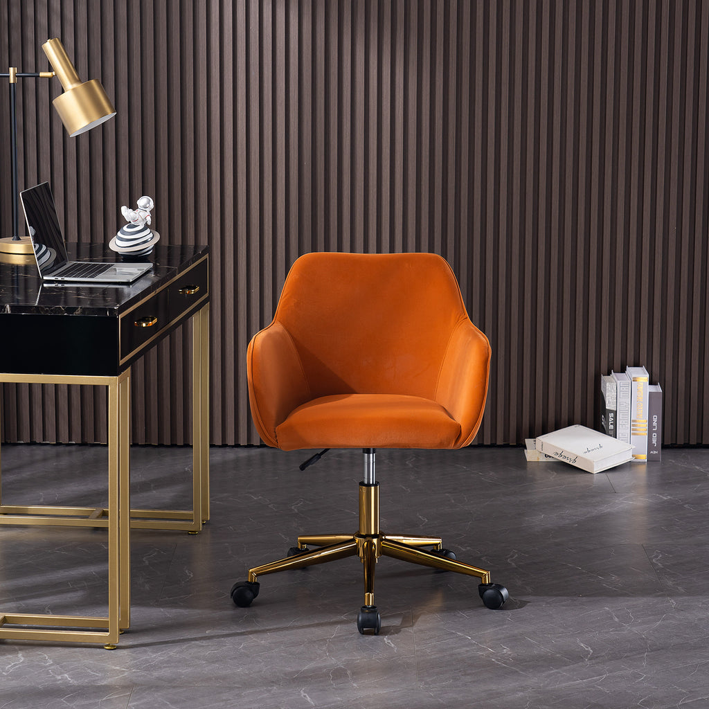 Leoglint Modern Velvet Fabric Material Adjustable Height 360 revolving Home Office Chair with Gold Metal Legs and Universal Wheels for Indoor,Orange