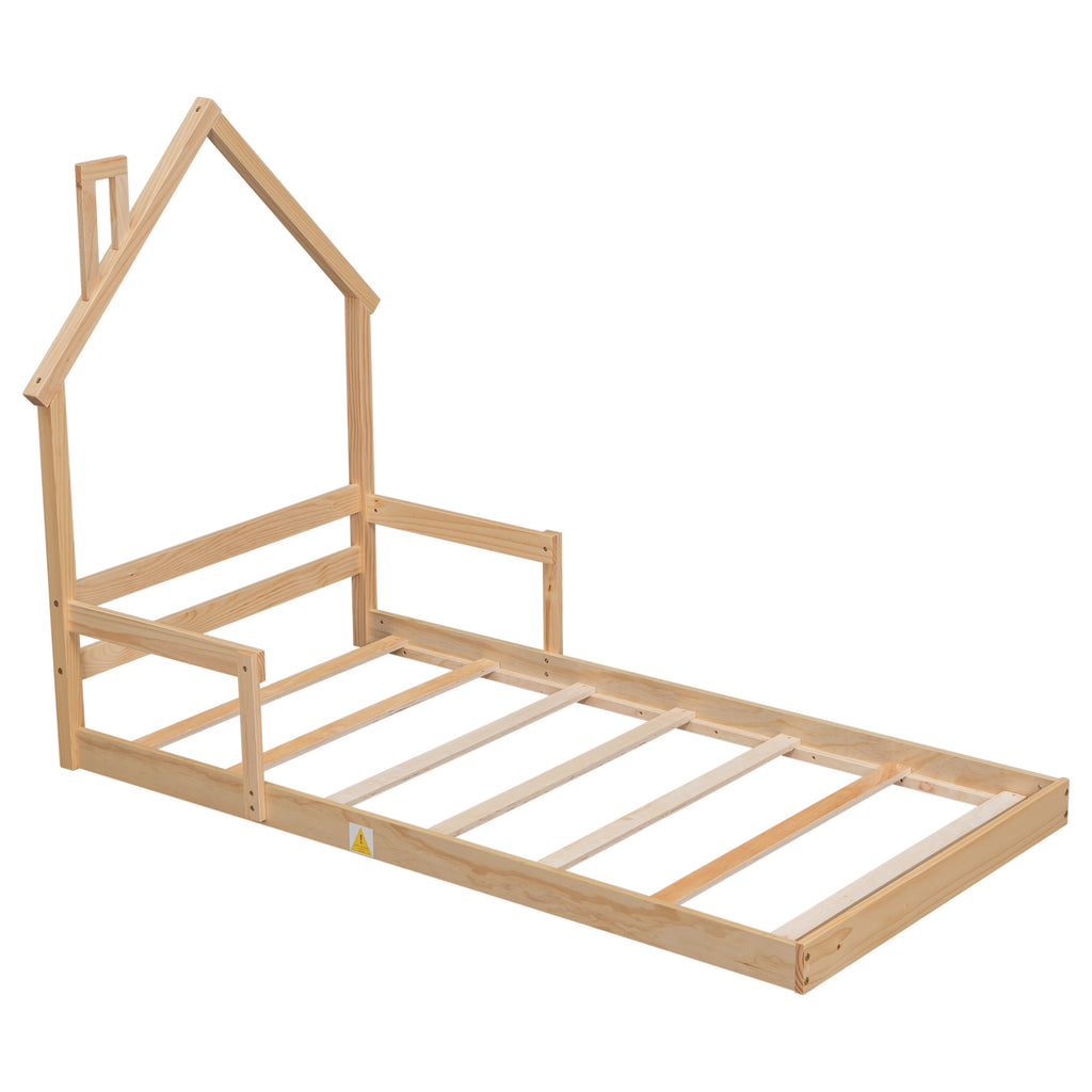 Leoglint Twin House-Shaped Headboard Floor Bed Frame with Handrails ,slats ,Natural