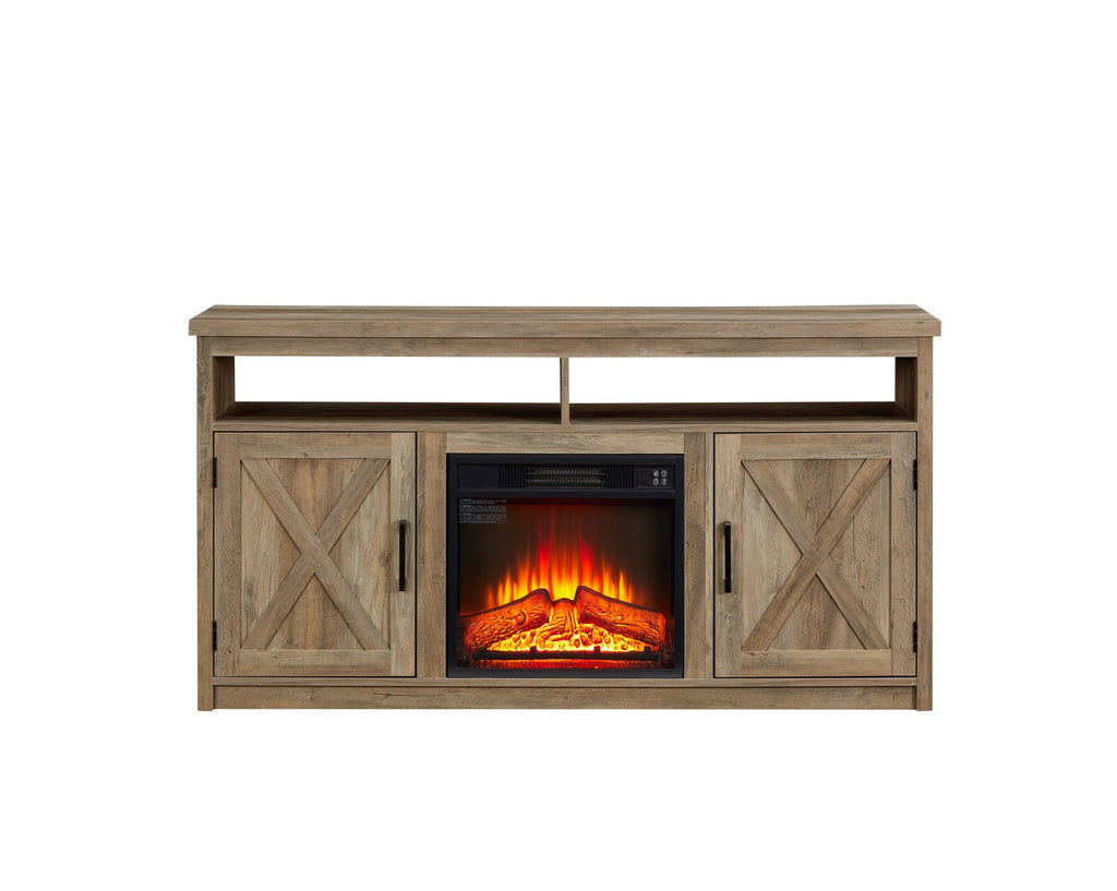 Leoglint Farmhouse TV Stand, Large Barn Inspired Home Entertainment Console, with 18" Fireplace Insert, for TV Up to 65'', with Open Shelves and Closed Cabinets, Gray Wash 57.87*15.75*30.31