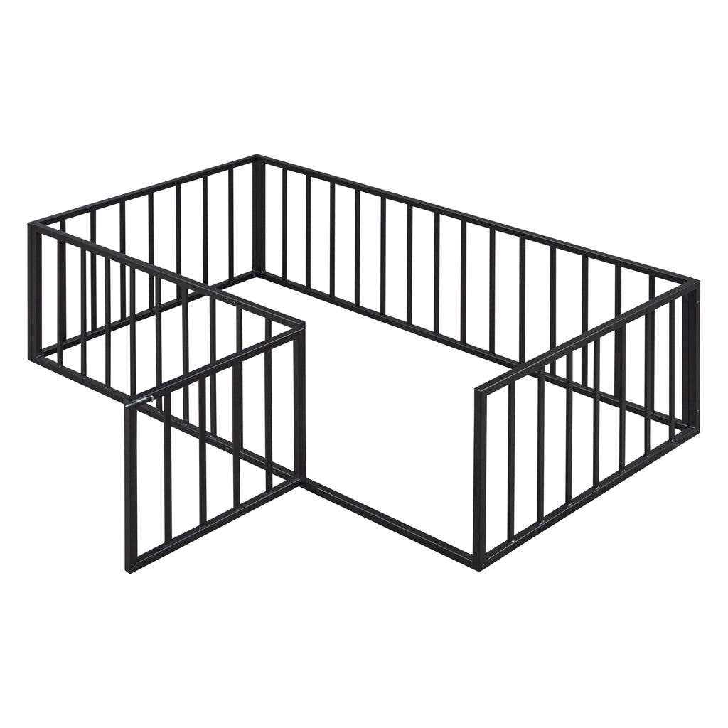 Leoglint Twin Size Metal Floor Bed Frame with Fence and Door, Black