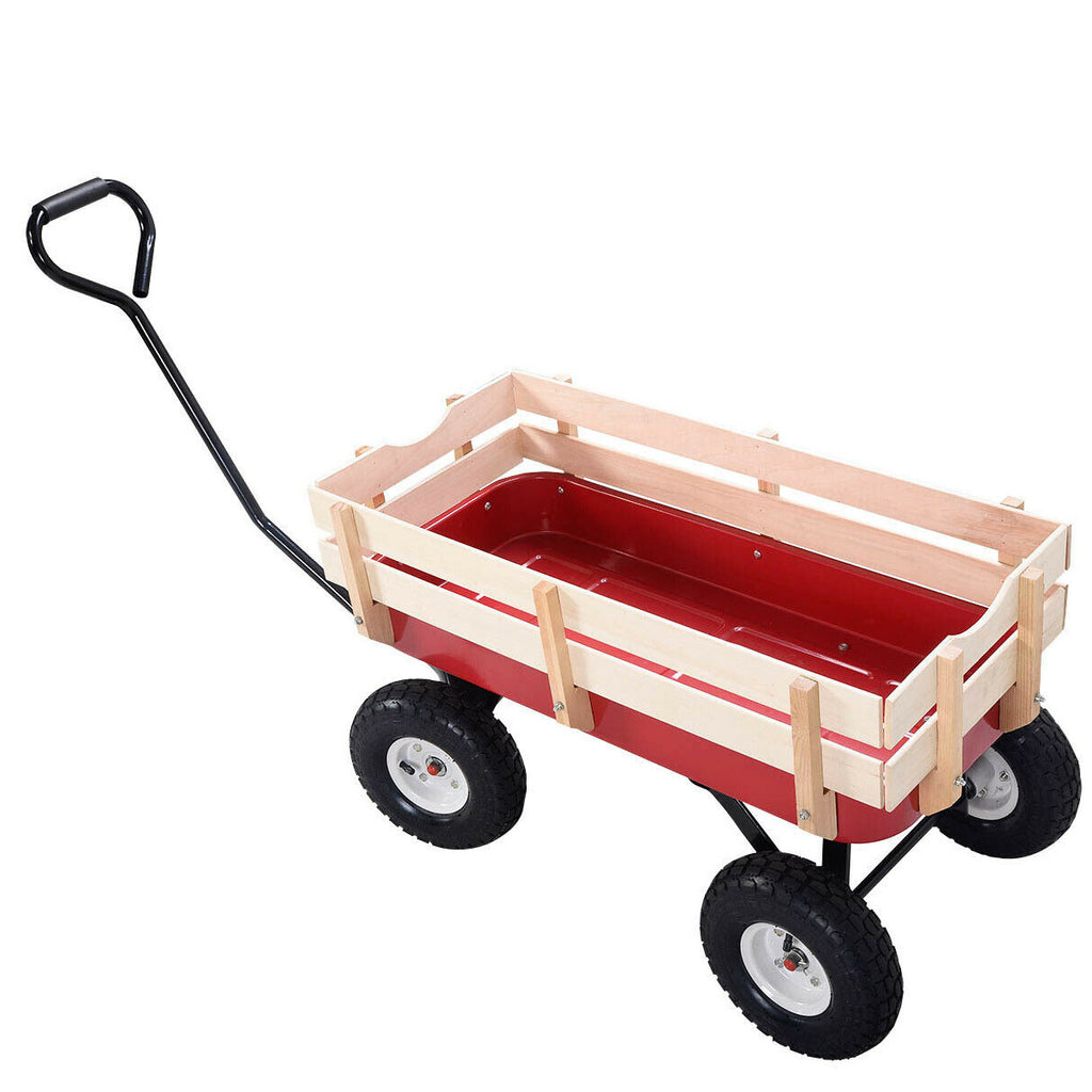 Leoglint Outdoor Wagon All Terrain Pulling Wood Railing Air Tires  Garden cart (Red+white)