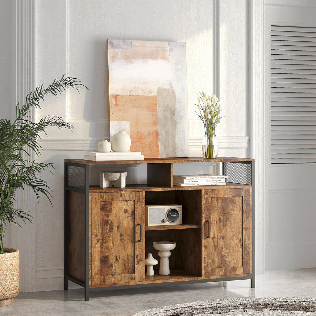 Leoglint Sideboard, storage cabinet with open shelves for kitchen dining room living room, industrial style, Rustic Brown, 43.7x15.74x31.5Inches