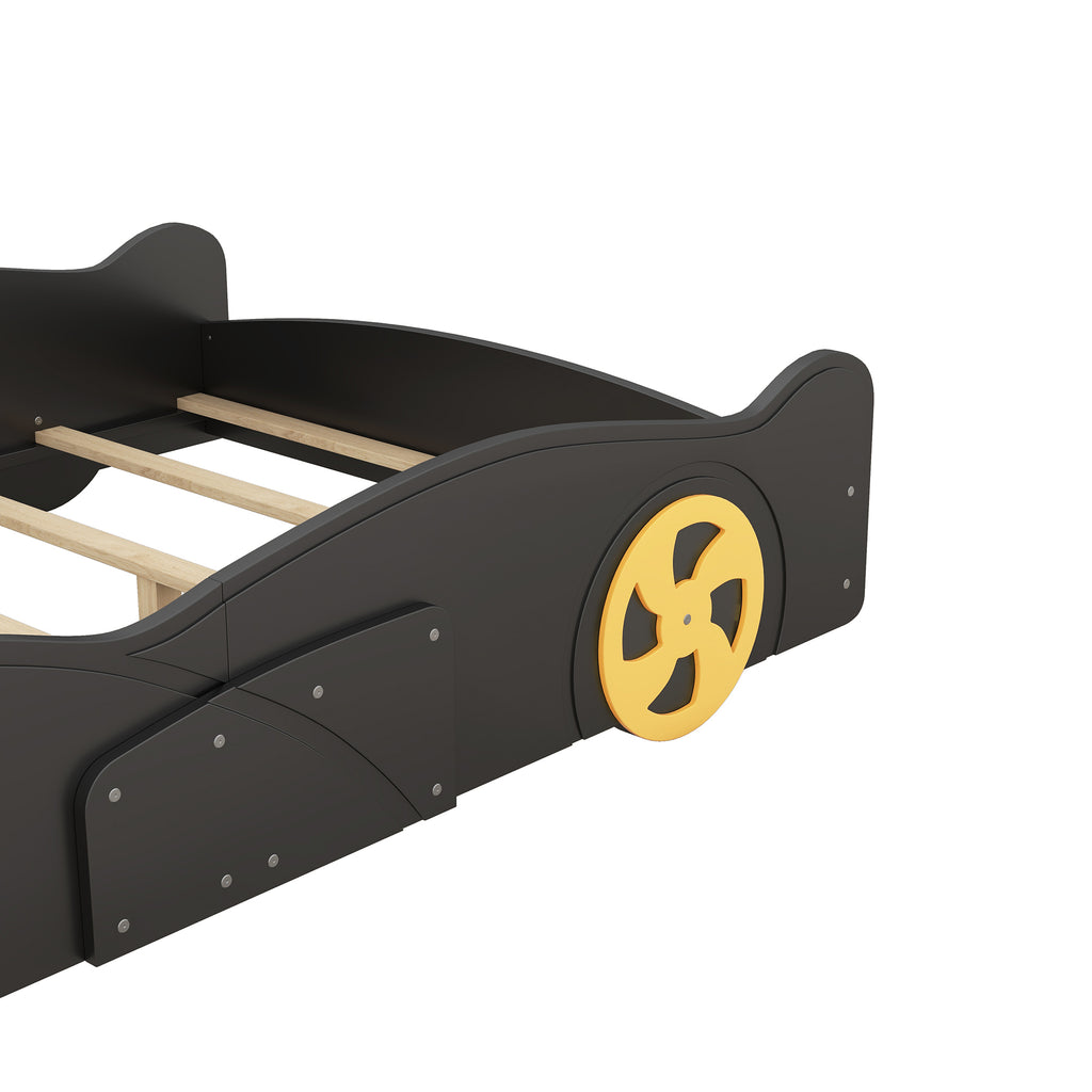 Leoglint Full Size Race Car-Shaped Platform Bed with Wheels and Storage, Black+Yellow