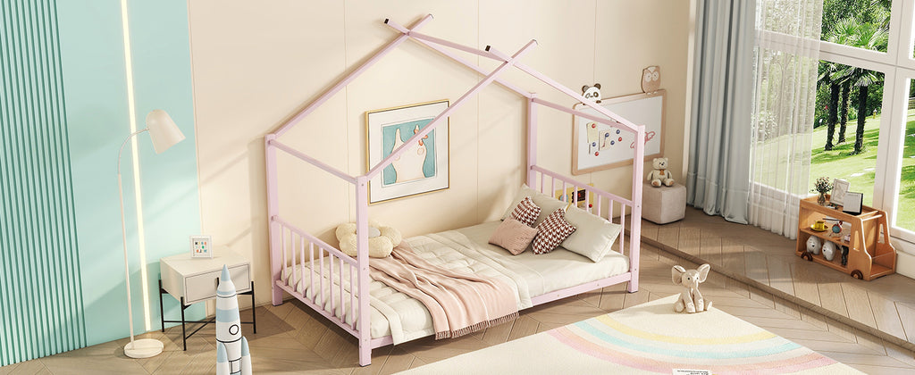 Leoglint Twin Size Metal House Platform Bed Frame, Pink