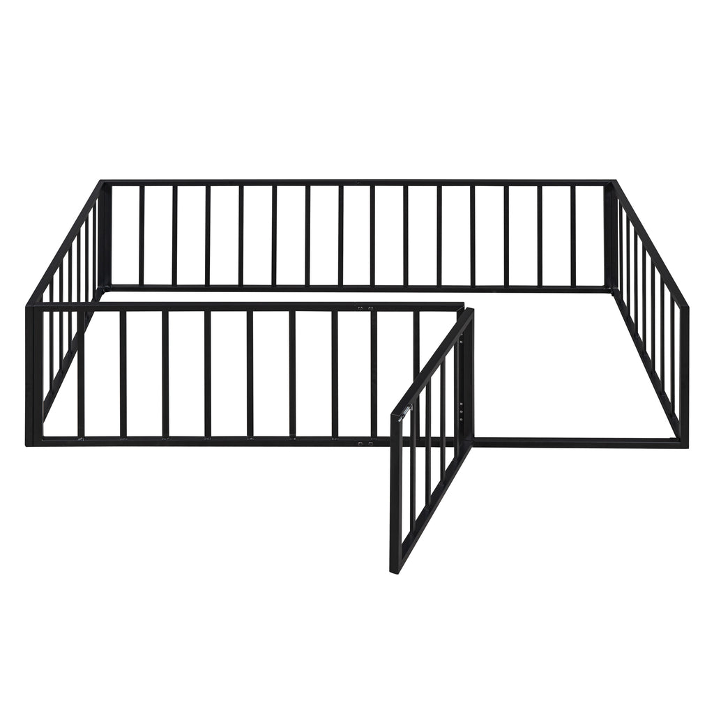 Leoglint Twin Size Metal Floor Bed Frame with Fence and Door, Black