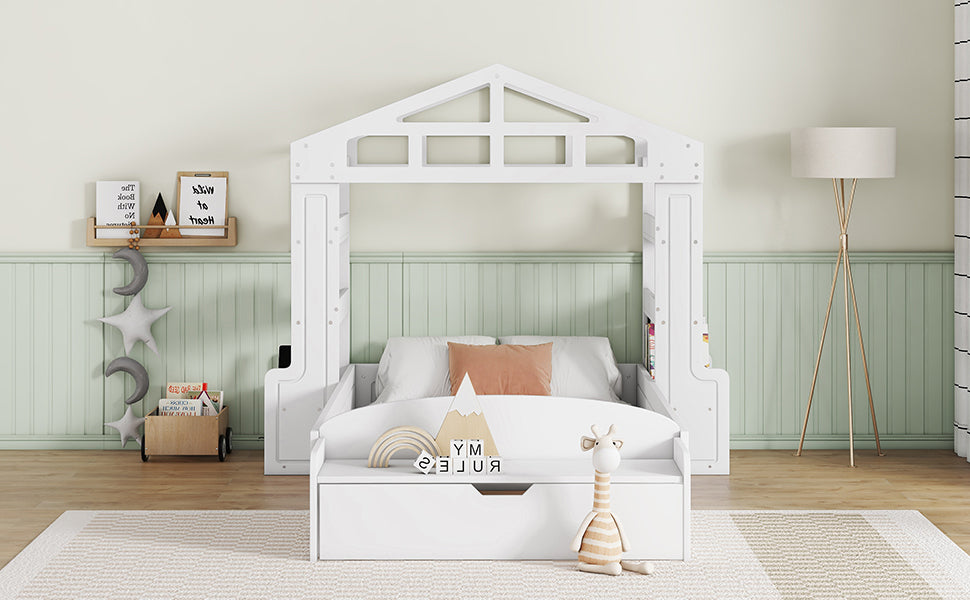 Leoglint Twin Size House Bed Frame with Bench, Socket and Shelves, White