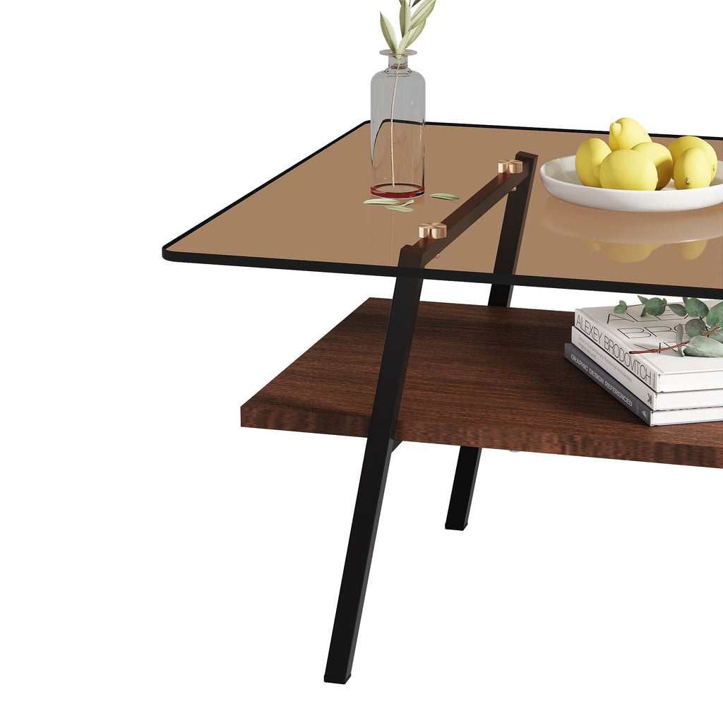 Leoglint Rectangle Coffee Table, Tempered Glass Tabletop with Black Metal Legs, Modern Table for Living Room , Brown Glass