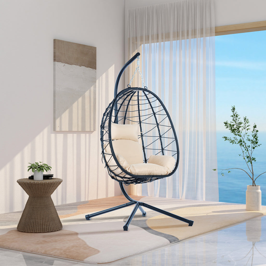 Leoglint Egg Outdoor Chair with Stand Indoor Outdoor Swing Chair Patio Wicker Hanging Egg Chair Hanging Basket Chair Hammock Chair with Stand for Bedroom Living Room Balcony