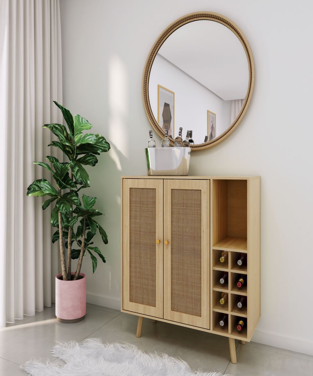 Leoglint Sideboard Bohemian Bar Cabinet, Natural Rattan Doors, Removable Wine Rack in Natural Wood