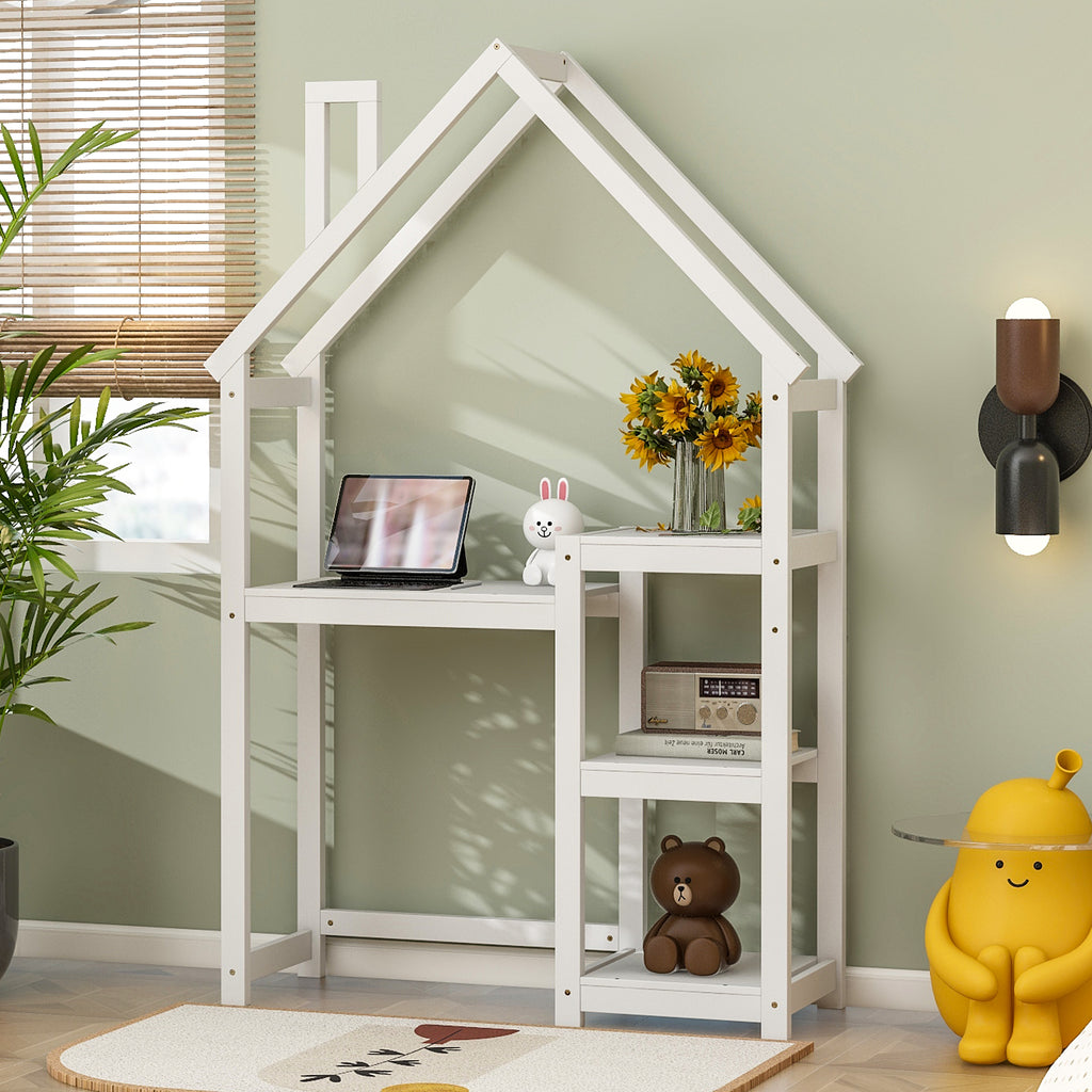 Leoglint House-shaped Wooden writing Desk,Kids study Table,Bookshelf & Toy Storage,White