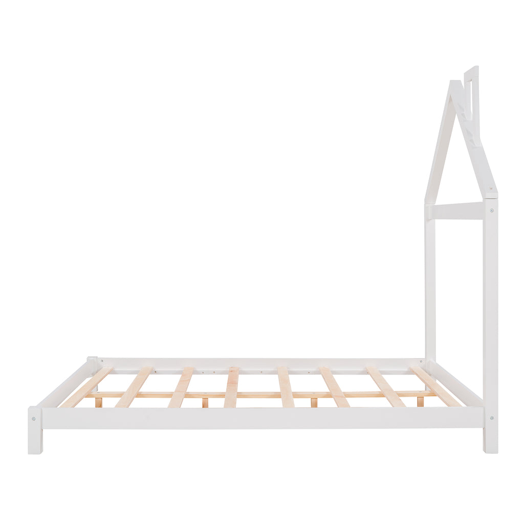 Leoglint Full Size Wood Platform Bed Frame with House-shaped Headboard  (White)