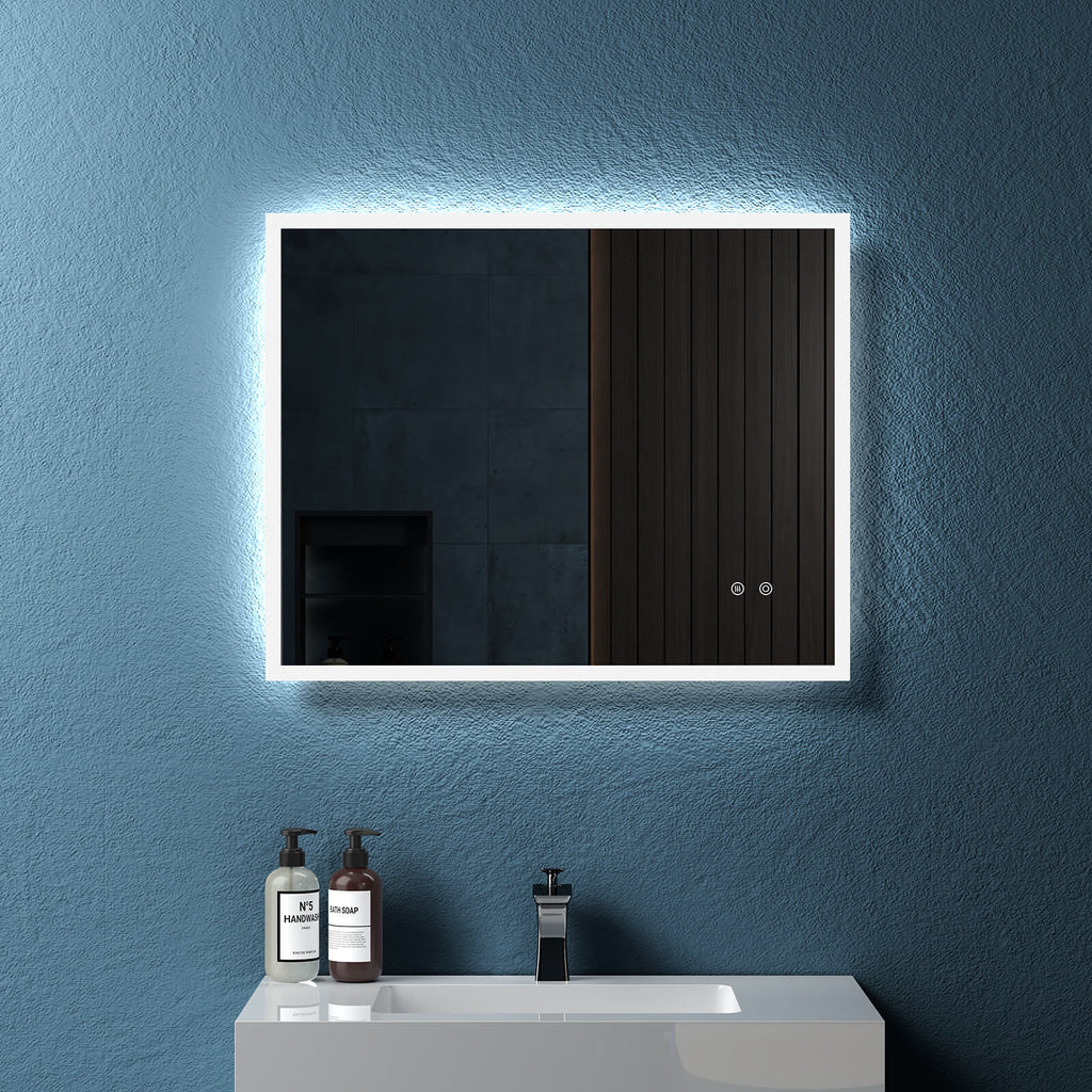 Leoglint 30" W x 24" H Modern Wall Mounted LED Backlit Anti-Fog Rectangular Bathroom Mirror with US standard plug, Temperature Adjustable and Memory Function Touch Switch