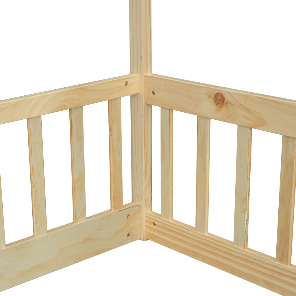 Leoglint Full Roof-framed Headboard Floor Bed with Headboard Guardrails, without Slats,Natural