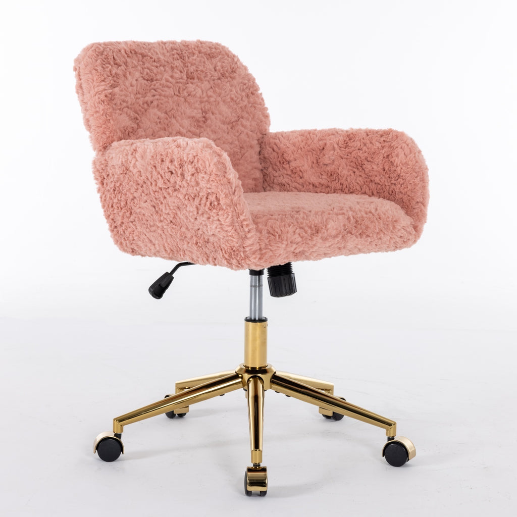 Leoglint A&A Furniture Office Chair,Artificial rabbit hair Home Office Chair with Golden Metal Base,Adjustable Desk Chair Swivel Office Chair,Vanity Chair(Pink)