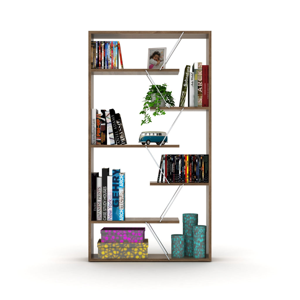 Leoglint Furnish Home Store Wood Frame Etagere Open Back 6 Shelves Bookcase Industrial Bookshelf for Office and Living Rooms Modern Bookcases Large Bookshelf Organizer, Walnut/Chrome