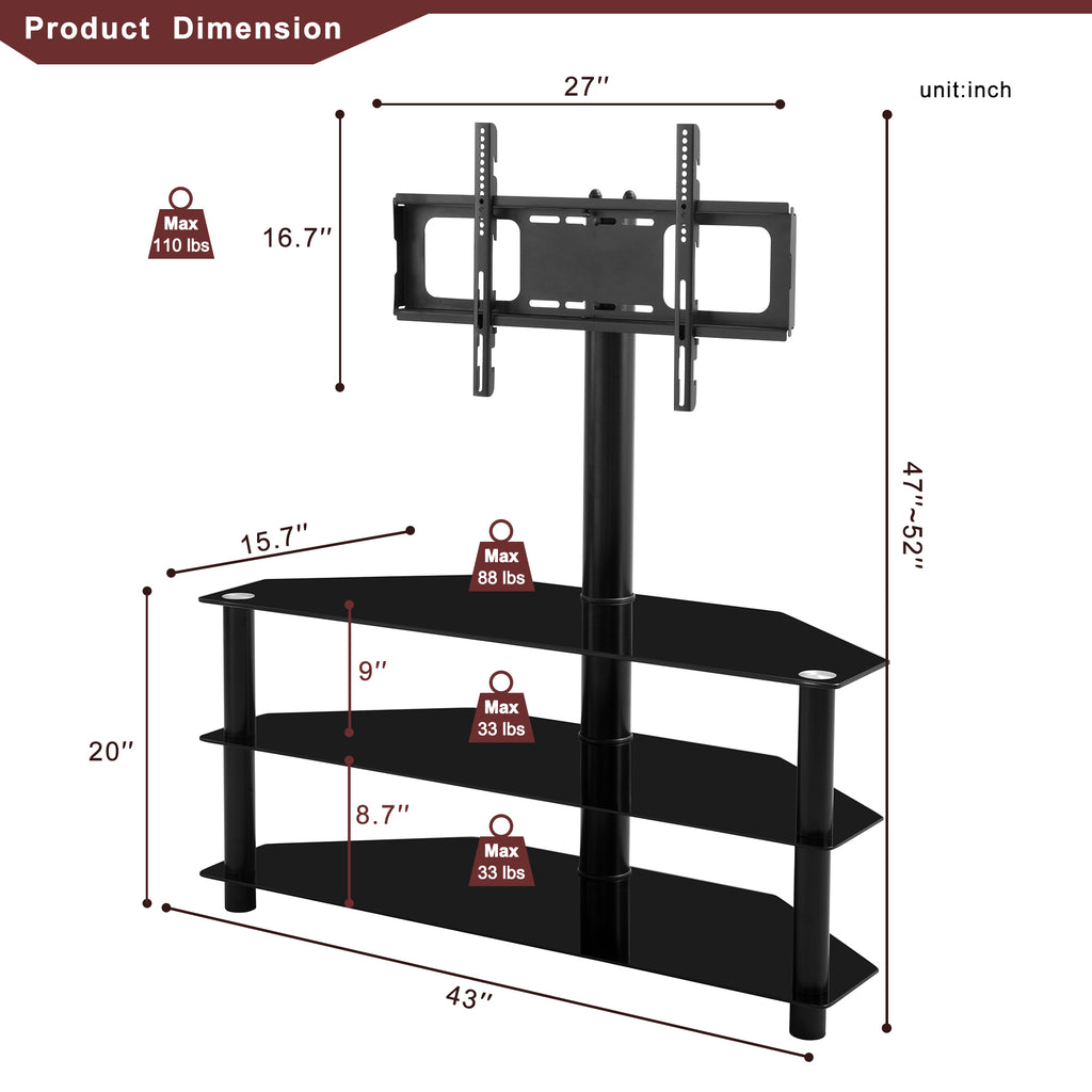 Leoglint Black Multi-function TV Stand Height Adjustable Bracket Swivel 3-Tier