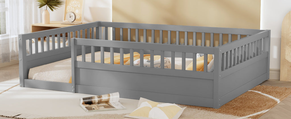 Leoglint Full Floor Bed Frame with Fence, Wood Kids Floor Beds Frame for Bedroom Playroom,Gray(Expect arrive date Jul. 10th)