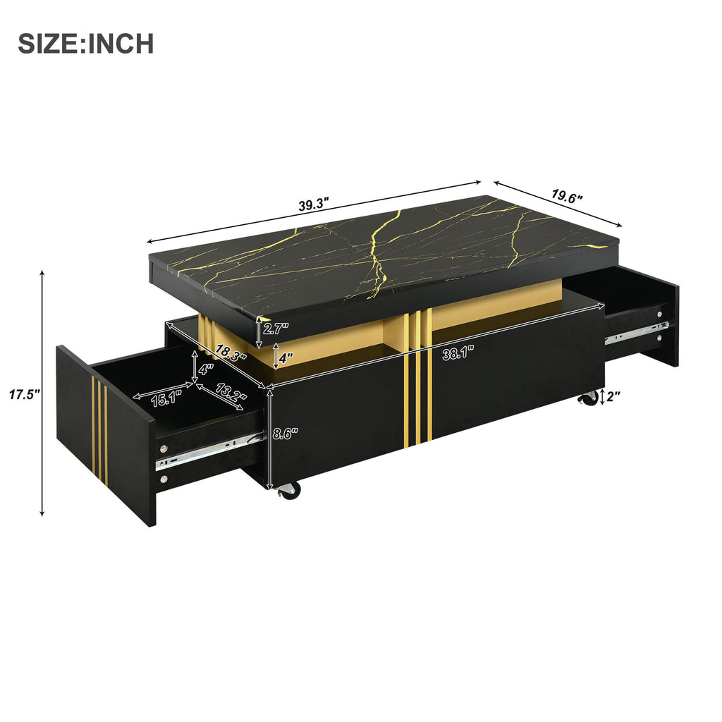 Leoglint [VIDEO provided] ON-TREND Contemporary Coffee Table with Faux Marble Top, Rectangle Cocktail Table with Caster Wheels, Moderate Luxury Center Table with Gold Metal Bars for Living Room, Black