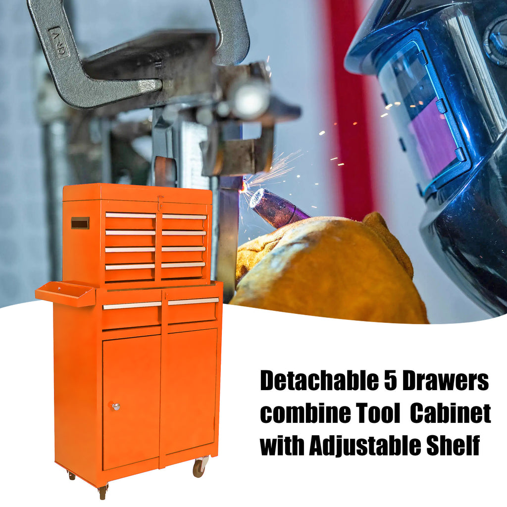 Leoglint Detachable 5 Drawer Tool Chest with Bottom Cabinet and One Adjustable Shelf--Orange