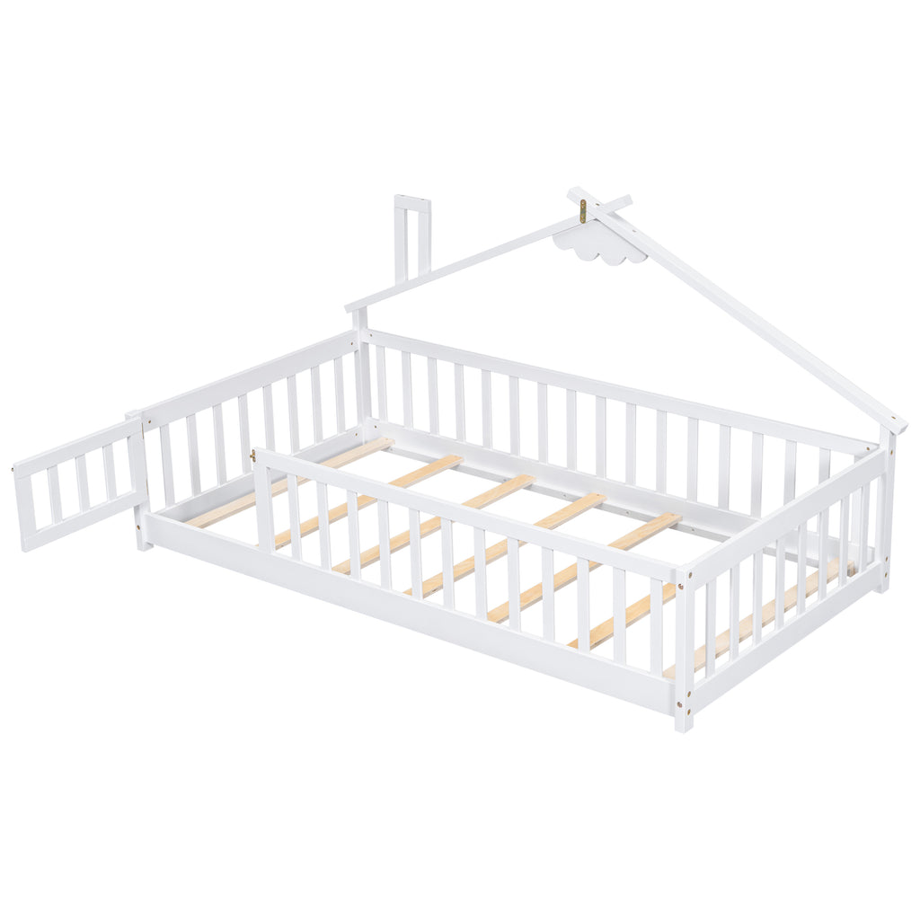 Twin House-Shaped Bedside Floor Bed Frame with Guardrails, Slats, with Door,White