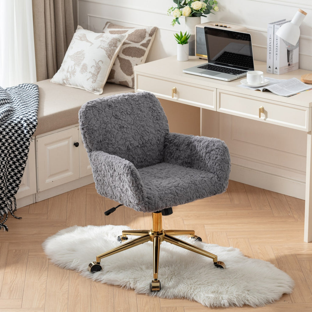 Leoglint A&A Furniture Office Chair,Artificial rabbit hair Home Office Chair with Golden Metal Base,Adjustable Desk Chair Swivel Office Chair,Vanity Chair(Gray)