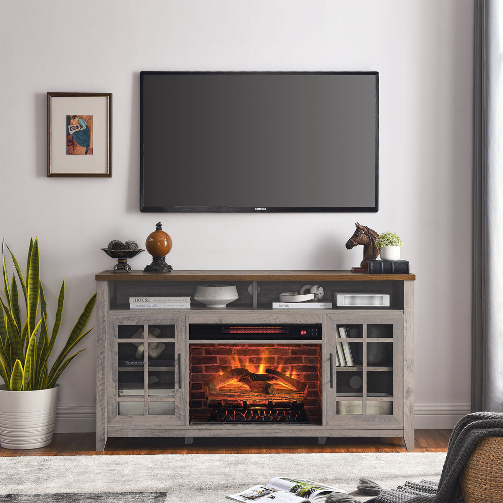 Leoglint 55 inch TV Stand with Electric Fireplace KD Inserts Heater,Gray Wash Color