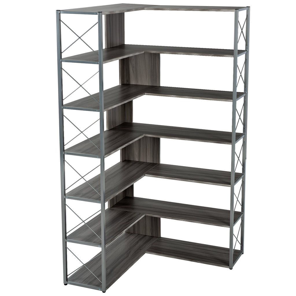 Leoglint Silver+Grey 7-Tier Bookcase Home Office Bookshelf,  L-Shaped Corner Bookcase with Metal Frame, Industrial Style Shelf with Open Storage, MDF Board