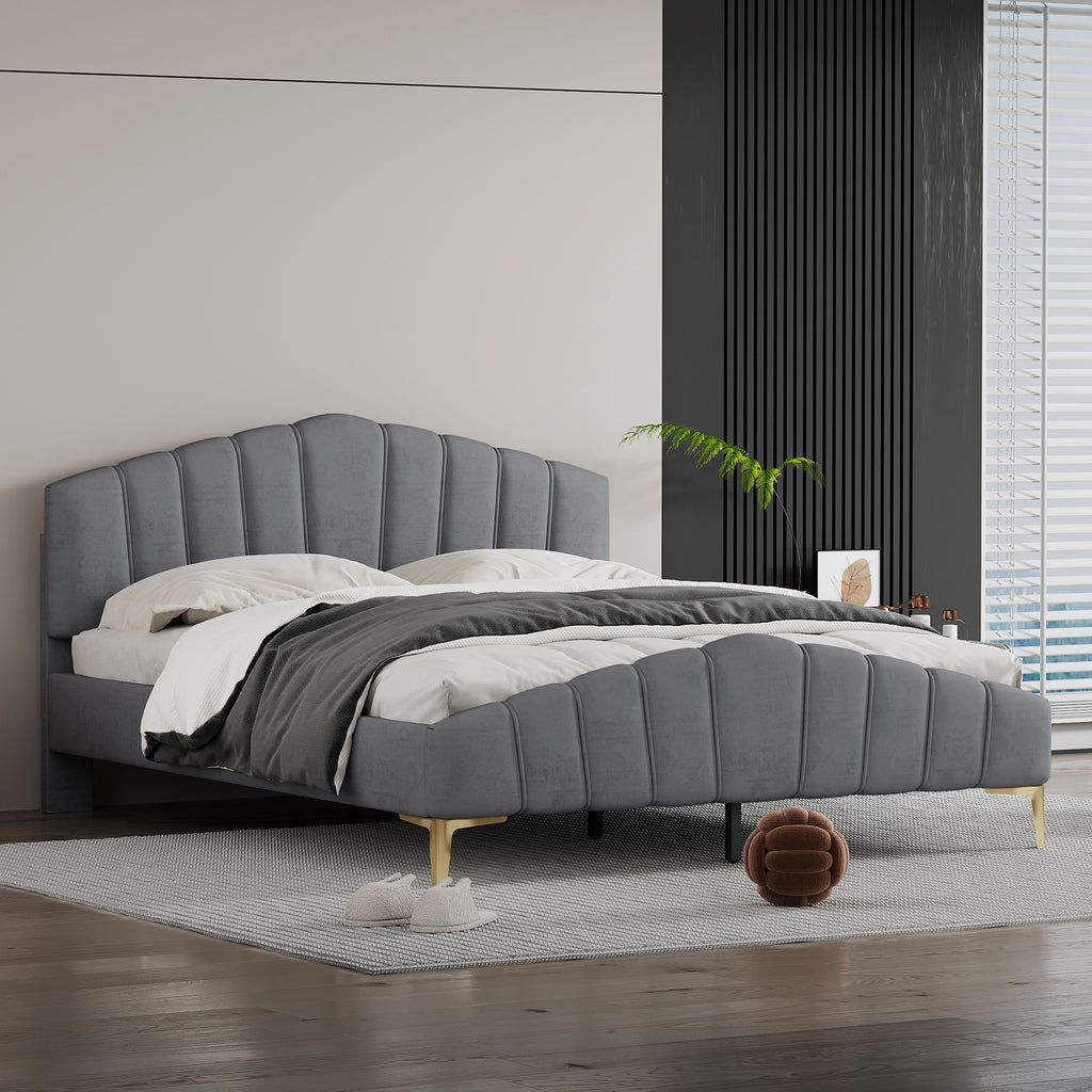 Queen Size Velvet Platform Bed Frame with Thick Fabric, Stylish Stripe Decorated Bedboard and Elegant Metal Bed Leg, Gray