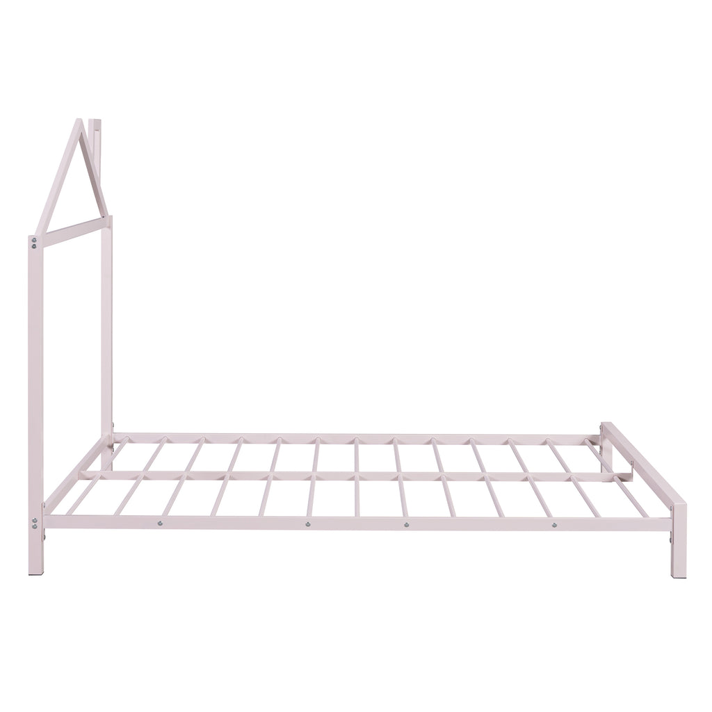 Leoglint Bed Frame Full Size Metal Platform Bed with House-Shaped Headboard Design, Pink