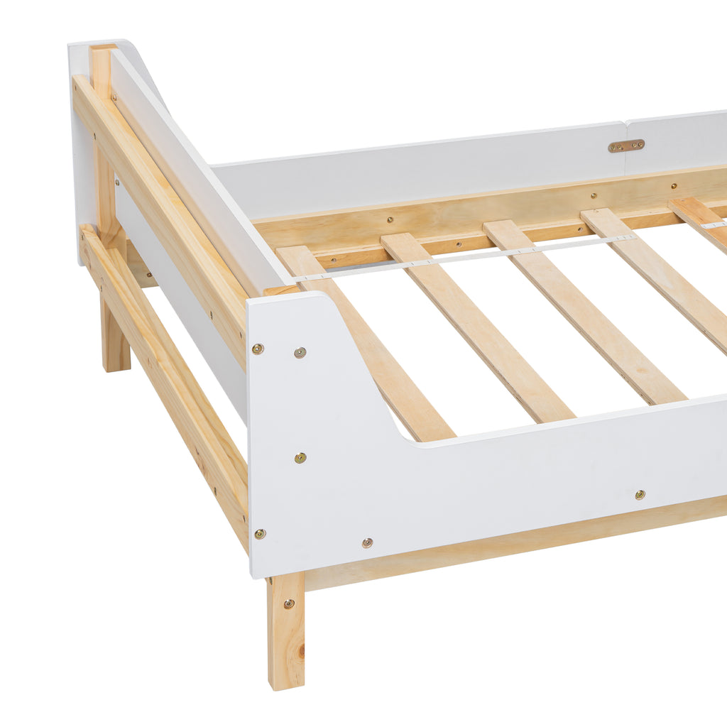 Twin Bed Frame with Headboard, Footboard, Safeguards,  Built-in Bed-end Book Storage Rack ,White