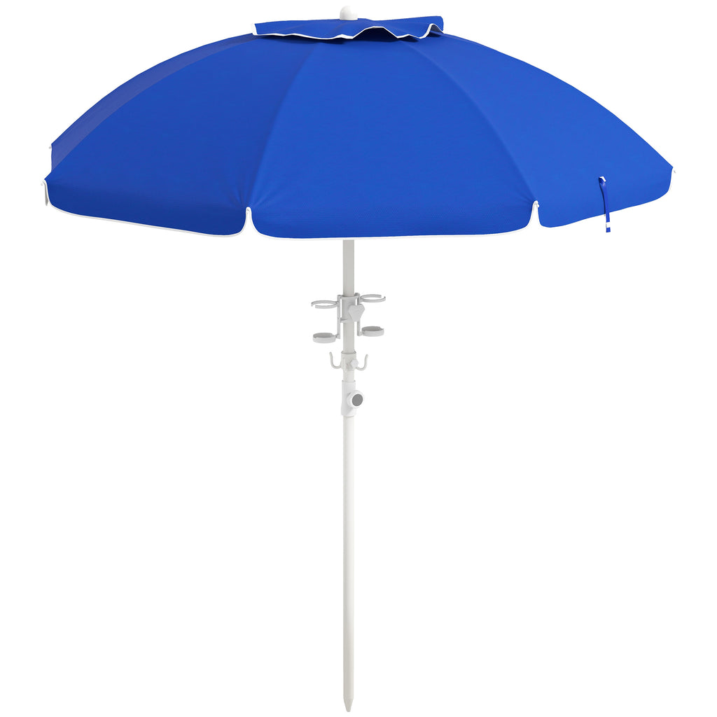 Leoglint 5.7' Portable Beach Umbrella with Tilt, Adjustable Height, 2 Cup Holders & Hooks, UV 40+ Ruffled Outdoor Umbrella with Vented Canopy, Blue