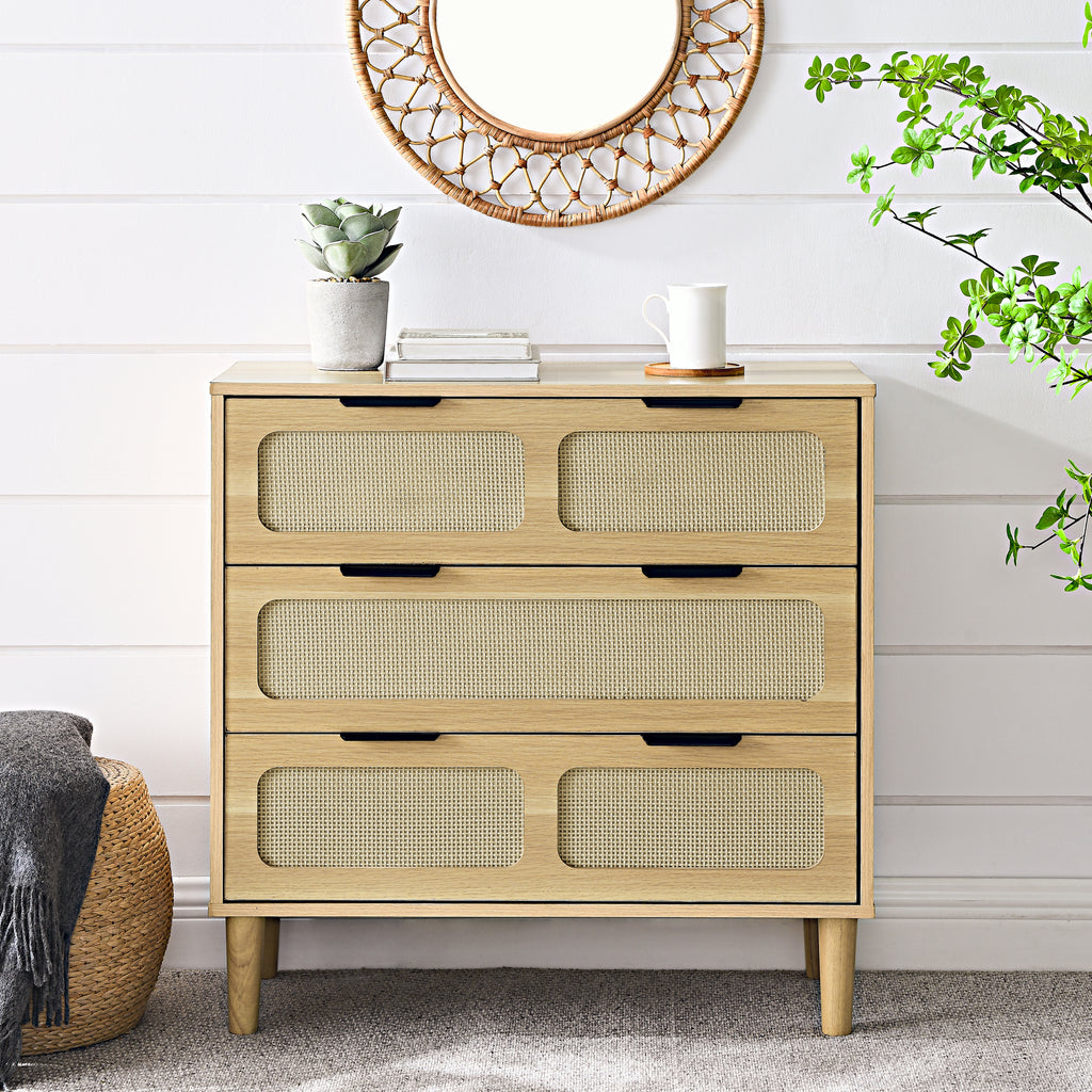 Leoglint 3 drawer dresser,Drawer Chest, modern rattan dresser cabinet with wide drawers and metal handles, farmhouse wooden storage chest of drawers for room, living room, hallway, entrance, office