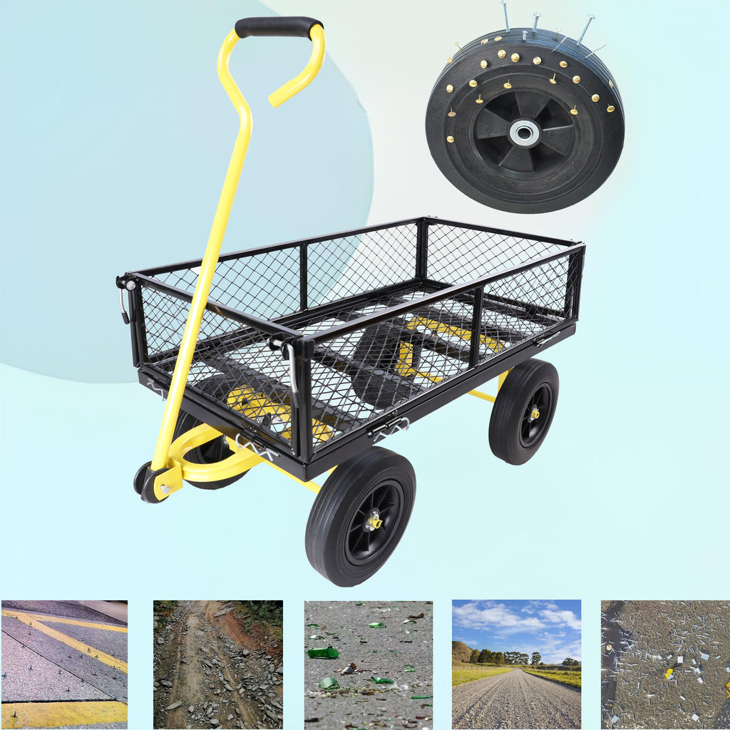 Leoglint (Black +Yellow solid wheels wagon cart)Solid wheels Tools cart Wagon Cart Garden cart trucks make it easier to transport firewood