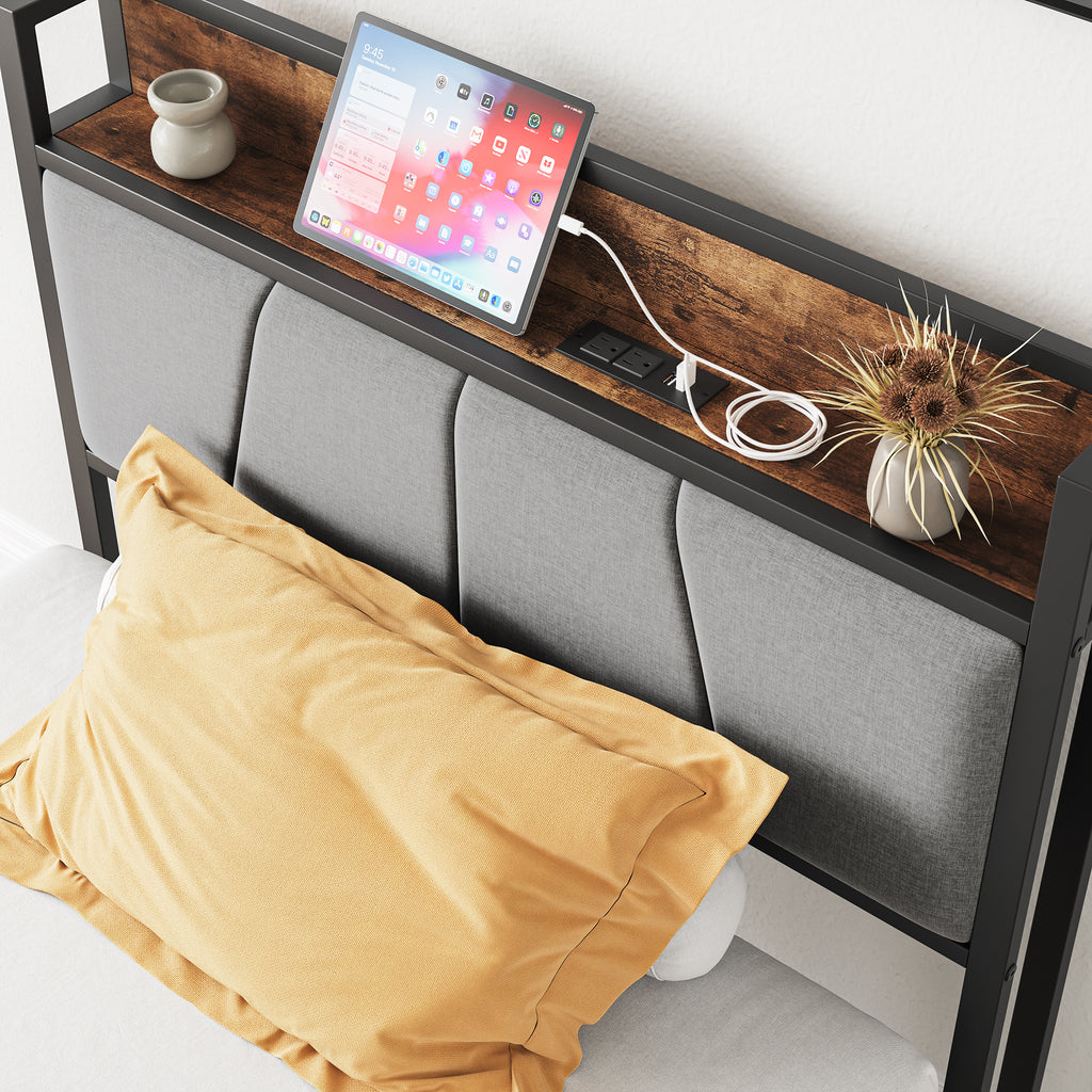 Leoglint Twin Size Bed Frame, Storage Headboard with Charging Station, Solid and Stable, Noise Free, No Box Spring Needed, Easy Assembly