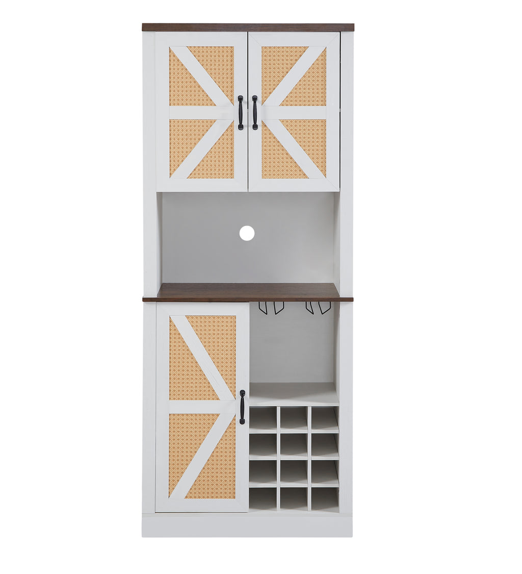 Leoglint Sideboard 76 Inch Tall Farmhouse Kitchen Faux Rattan Wine Cabinet, Kitchen Bar Cabinet with Square Compartments and Shelves, Large Wooden Faux Rattan Storage Cabinet with Barn Doors and Microwave Shelves