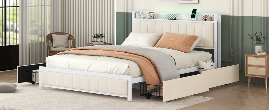 Queen Bed Frame with LED Headboard, Upholstered Bed with 4 Storage Drawers and USB Ports, Beige