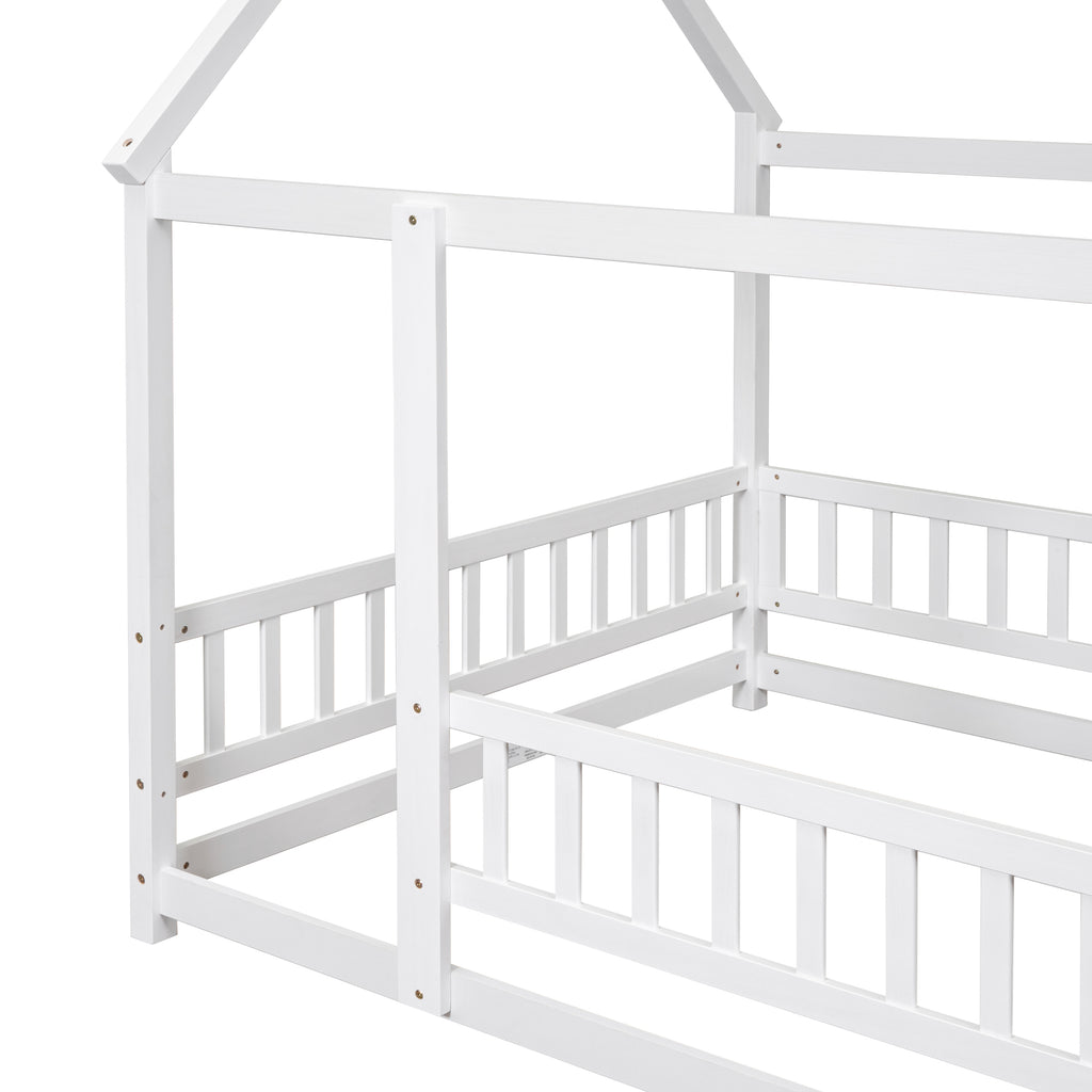 Leoglint Bed Frame Full Size Floor Wooden Bed with House Roof Frame, Fence Guardrails ,White