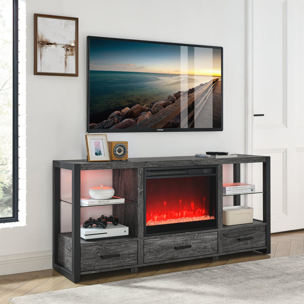 Leoglint 60 Inch Electric Fireplace Media TV Stand With Sync Colorful LED Lights-Dark rustic oak color