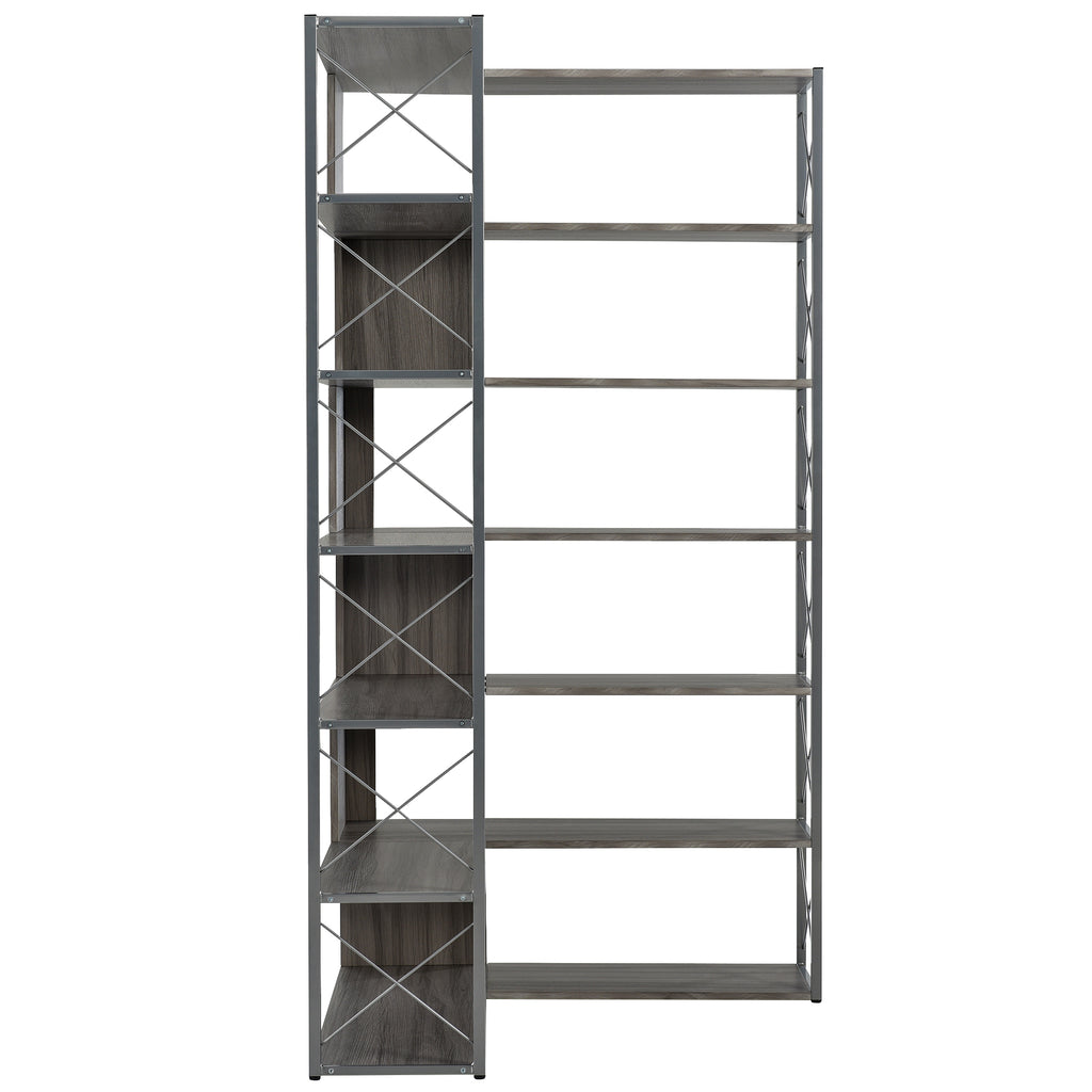 Leoglint Silver+Grey 7-Tier Bookcase Home Office Bookshelf,  L-Shaped Corner Bookcase with Metal Frame, Industrial Style Shelf with Open Storage, MDF Board