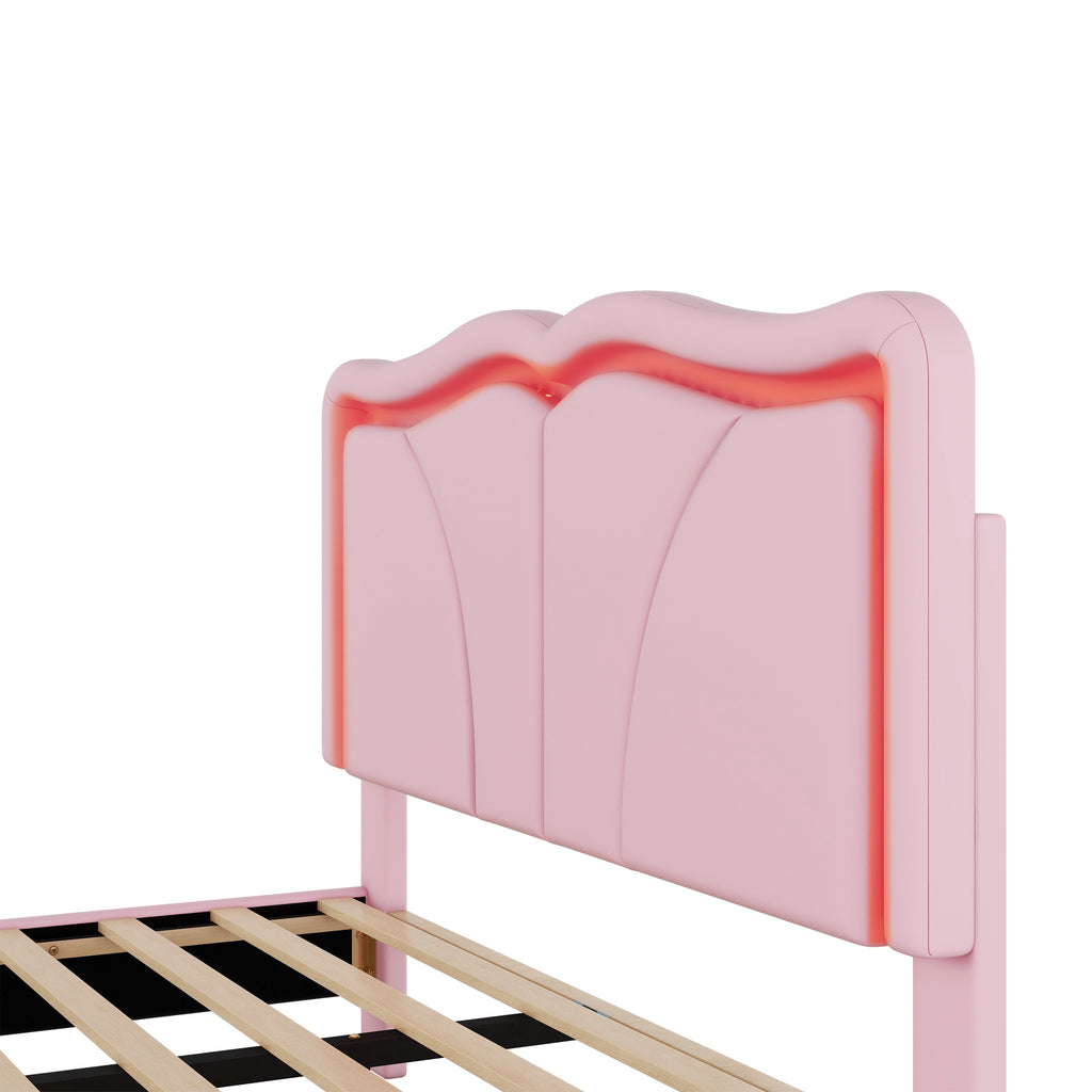 Leoglint Full Size Upholstered Platform Bed Frame with Curve Shaped and Height-adjustbale Headboard,LED Light Strips,Pink