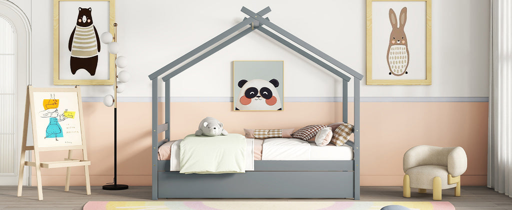 Leoglint Twin Size  House-shaped Bed Frame with Trundle,Grey