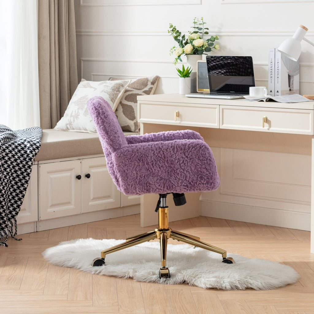 Leoglint A&A Furniture Office Chair,Artificial rabbit hair Home Office Chair with Golden Metal Base,Adjustable Desk Chair Swivel Office Chair,Vanity Chair(Violet)