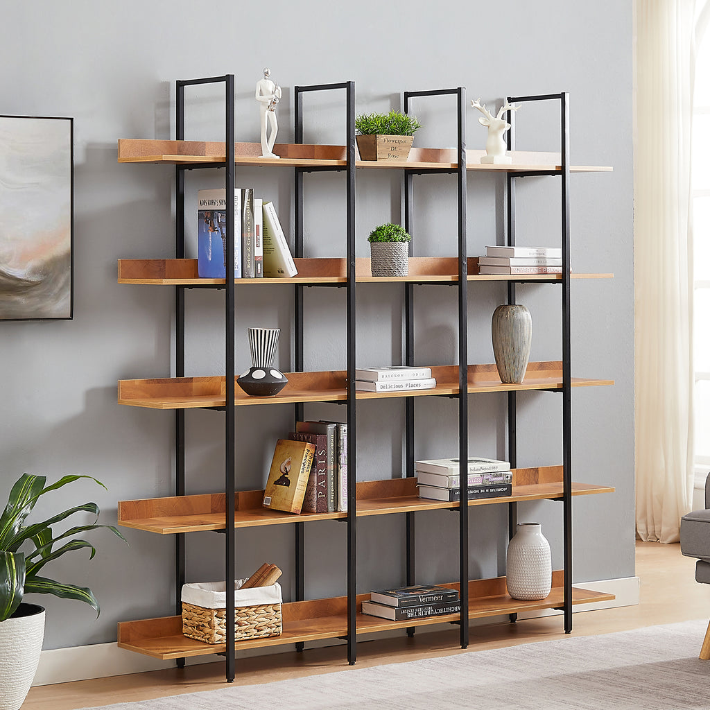 Leoglint 5 Tier Bookcase Home Office Open Bookshelf, Vintage Industrial Style Shelf, MDF Board, Black Metal Frame, Brown