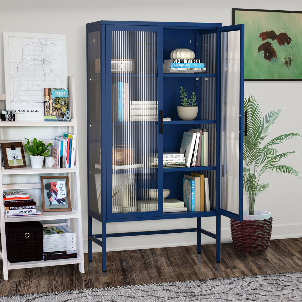 Leoglint Double Glass Door Storage Cabinet with Adjustable Shelves and Feet Cold-Rolled Steel Sideboard Furniture for Living Room Kitchen BLUE