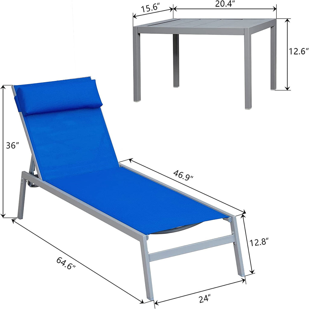 Leoglint Patio Chaise Lounge Set, 3 Pieces Adjustable Backrest Pool Lounge Outdoor Chairs Steel Textilene Sunbathing Recliner with Headrest (Blue.2 Lounge Chairs+1 Table)