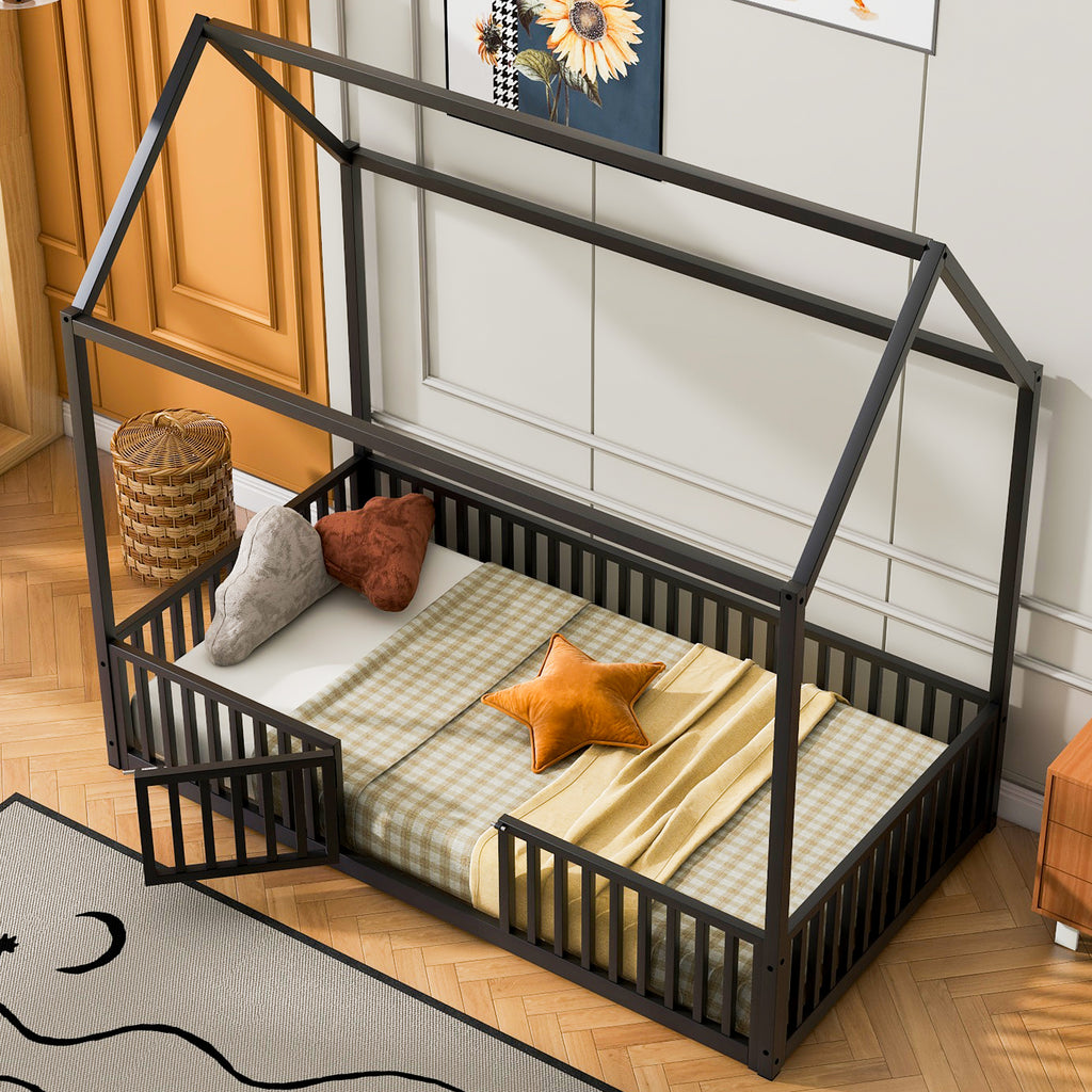 Leoglint Twin Size Metal House Bed Frame with Fence and Door, Black