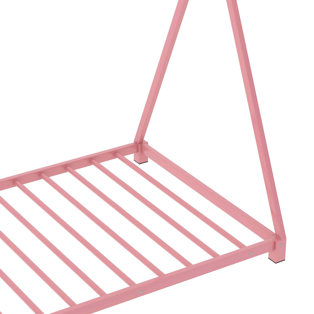 Metal Twin Size House Platform Bed Frame with Triangle Structure, Pink